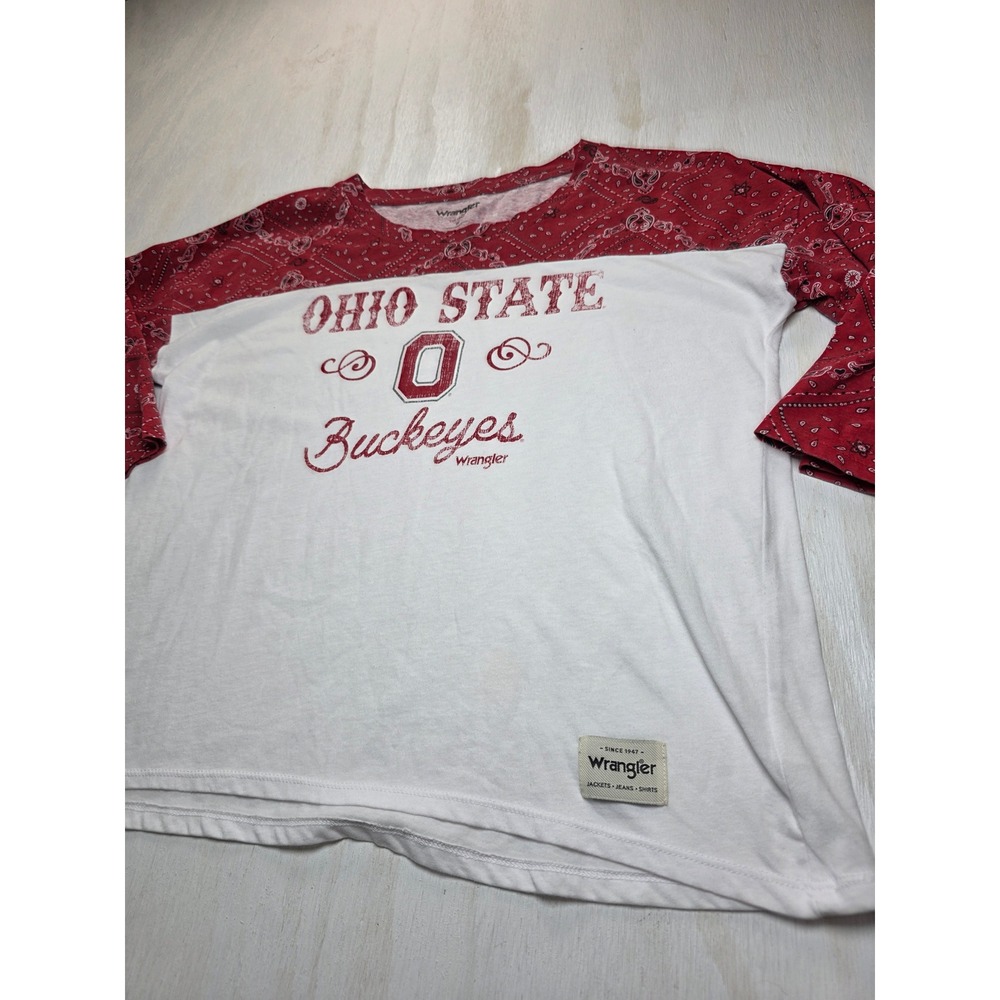 Wrangler Ohio State Buckeyes Red Bandana Paisley Raglan Tee Shirt Medium Boho